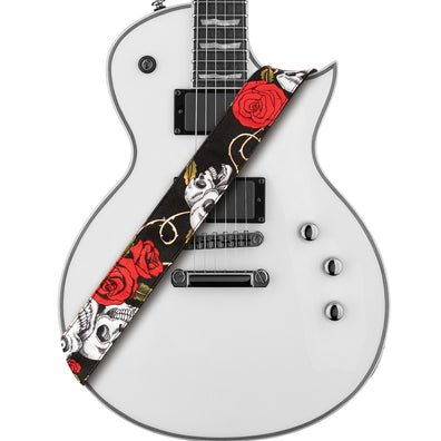 AMUMU Skull Rose Guitar Strap – 2" Wide Printed Cotton Strap with Leather Ends & Gift Accessories for Electric, Acoustic & Bass Guitars DN01P